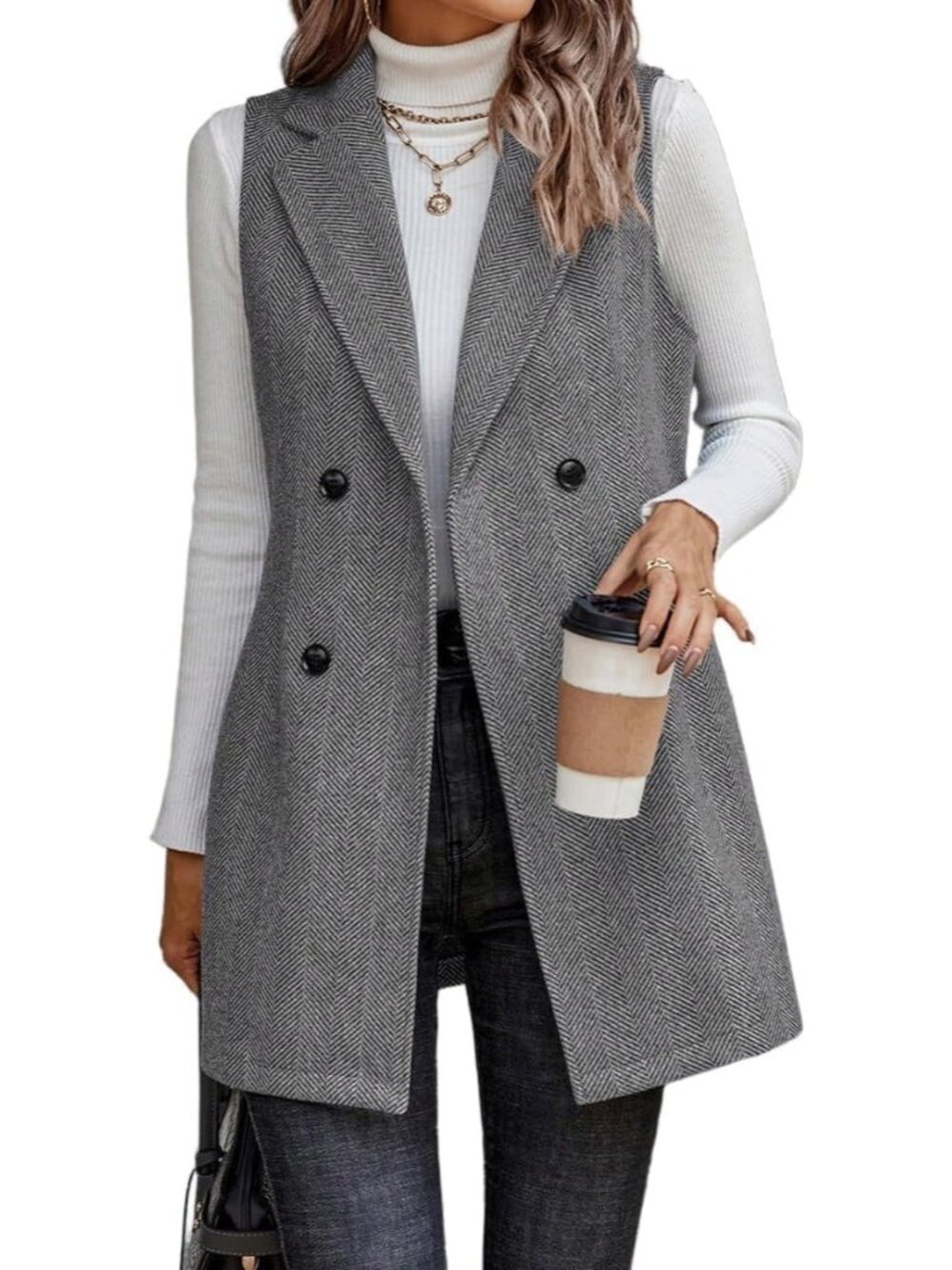 Women Grey Notch Collar Sleeveless Cardigan Outerwear Tweed Blazer Fall Jackets